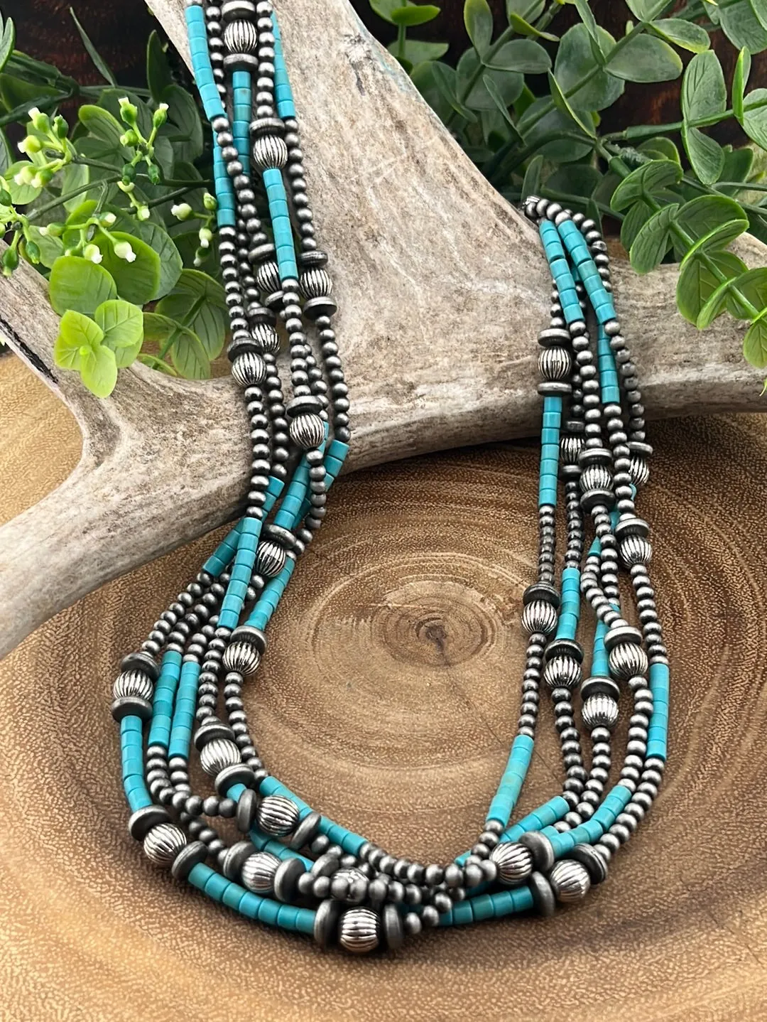 Cassiope 5 Strand Fashion Beaded Varied Navajo Necklace, Earrings & Bracelet - Turquoise