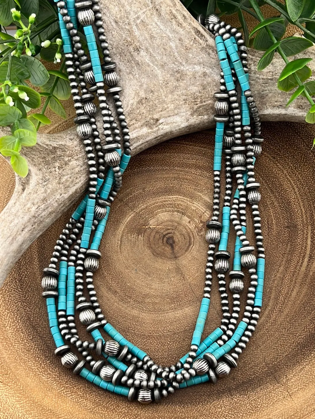 Cassiope 5 Strand Fashion Beaded Varied Navajo Necklace, Earrings & Bracelet - Turquoise