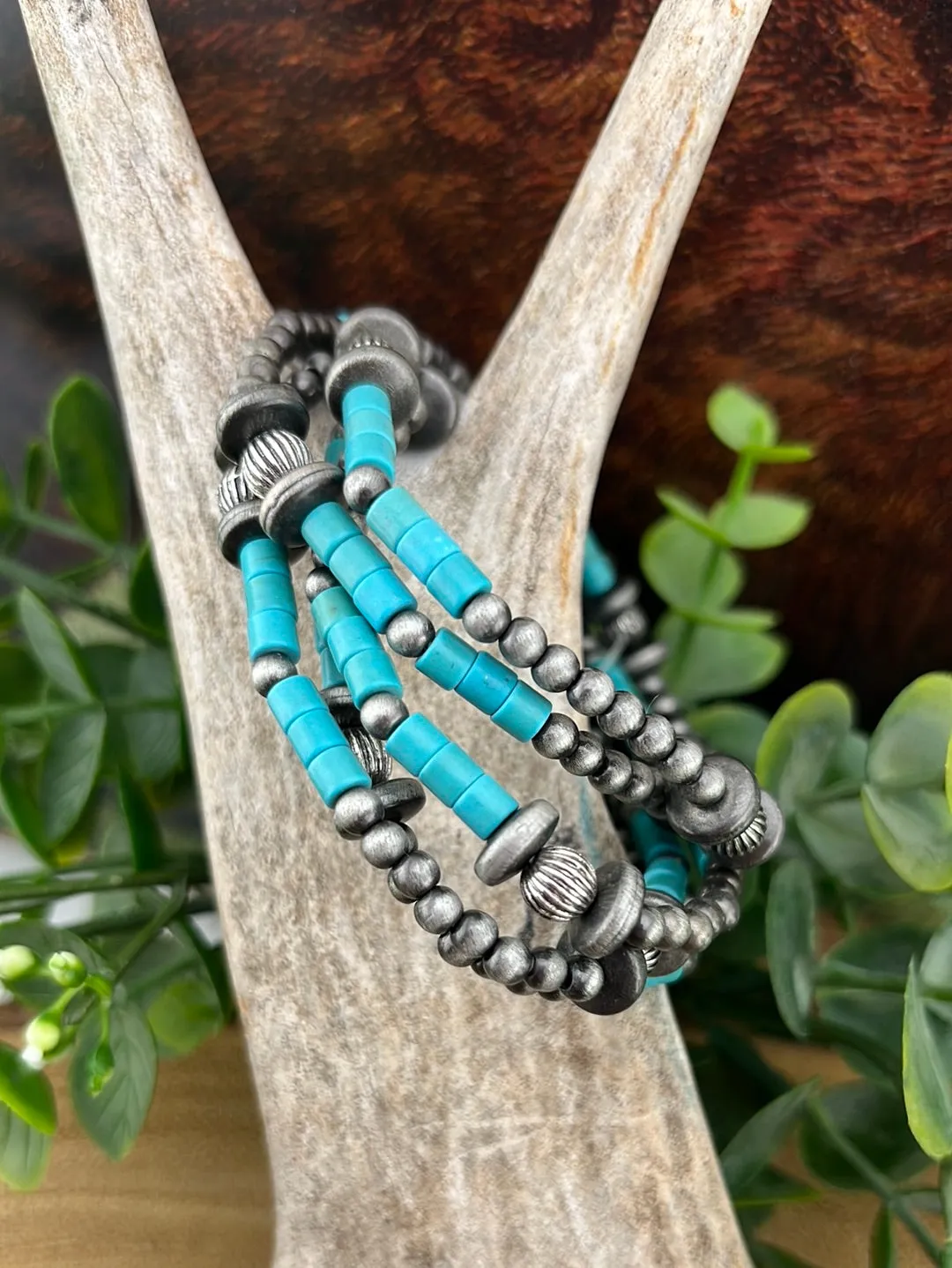 Cassiope 5 Strand Fashion Beaded Varied Navajo Necklace, Earrings & Bracelet - Turquoise