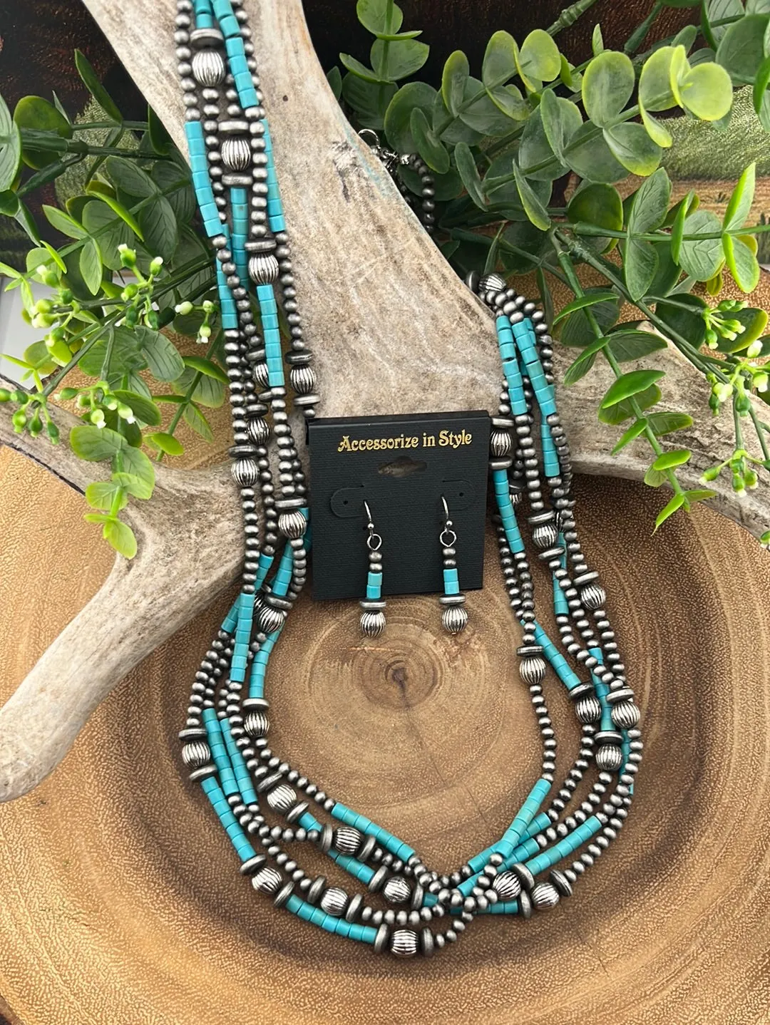 Cassiope 5 Strand Fashion Beaded Varied Navajo Necklace, Earrings & Bracelet - Turquoise