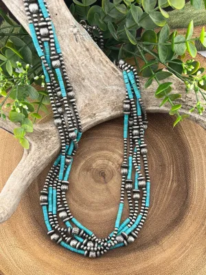 Cassiope 5 Strand Fashion Beaded Varied Navajo Necklace, Earrings & Bracelet - Turquoise