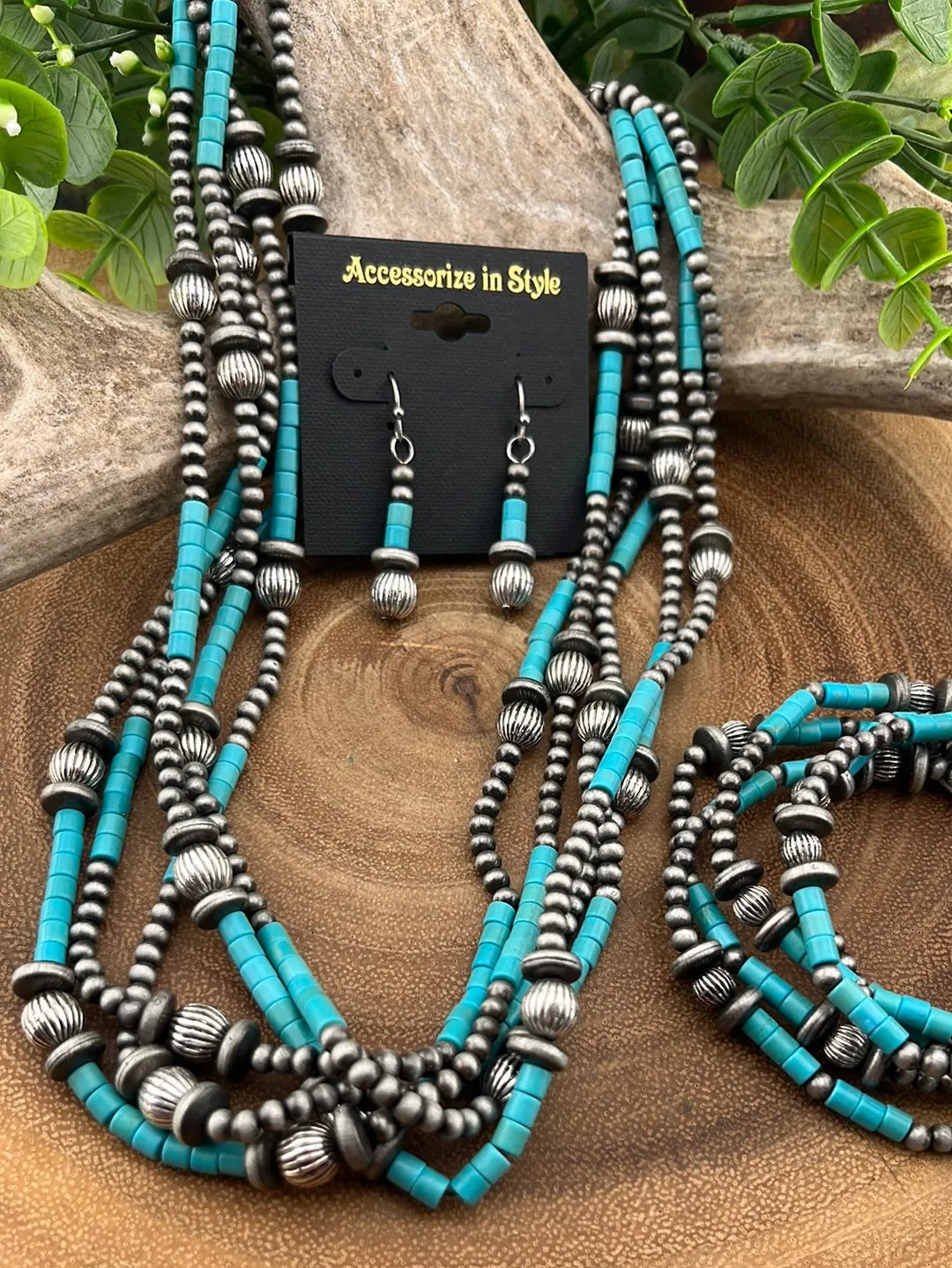 Cassiope 5 Strand Fashion Beaded Varied Navajo Necklace, Earrings & Bracelet - Turquoise