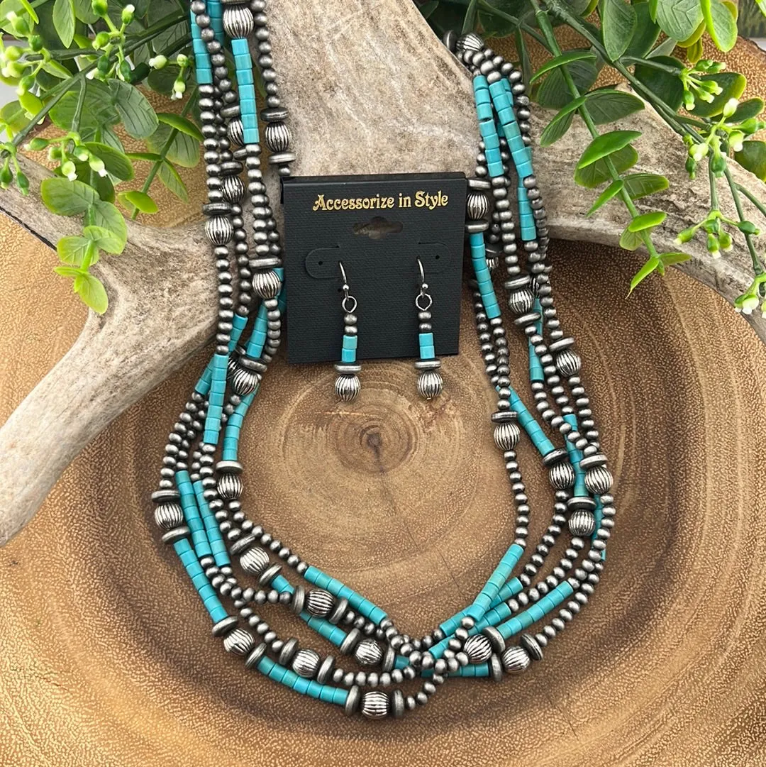 Cassiope 5 Strand Fashion Beaded Varied Navajo Necklace, Earrings & Bracelet - Turquoise