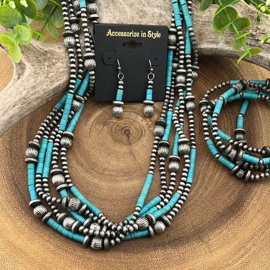Cassiope 5 Strand Fashion Beaded Varied Navajo Necklace, Earrings & Bracelet - Turquoise