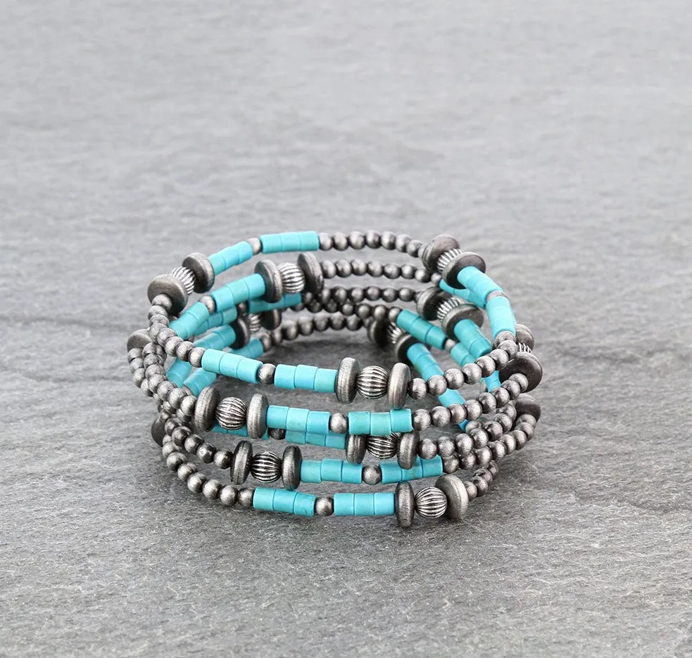Cassiope 5 Strand Fashion Beaded Varied Navajo Necklace, Earrings & Bracelet - Turquoise