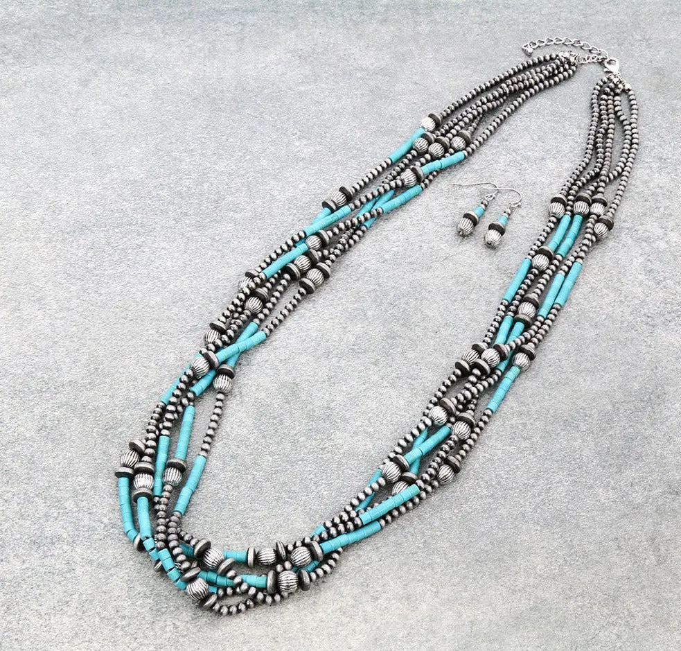 Cassiope 5 Strand Fashion Beaded Varied Navajo Necklace, Earrings & Bracelet - Turquoise