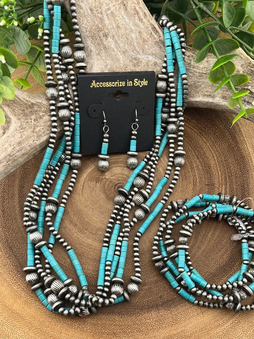 Cassiope 5 Strand Fashion Beaded Varied Navajo Necklace, Earrings & Bracelet - Turquoise