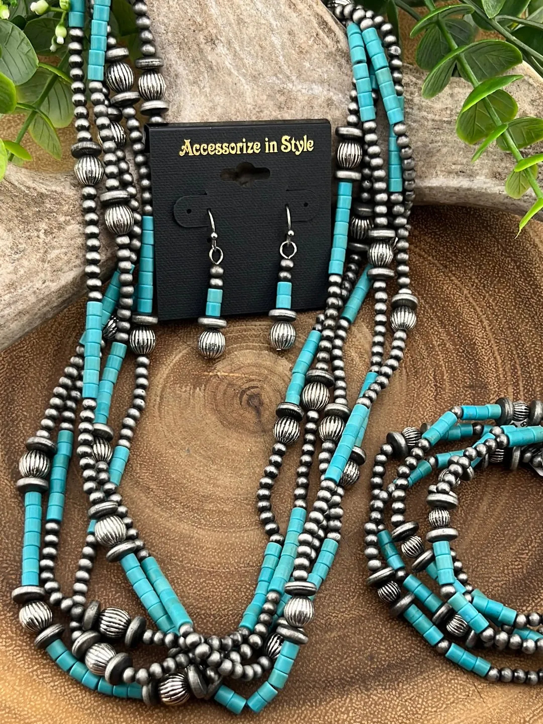 Cassiope 5 Strand Fashion Beaded Varied Navajo Necklace, Earrings & Bracelet - Turquoise