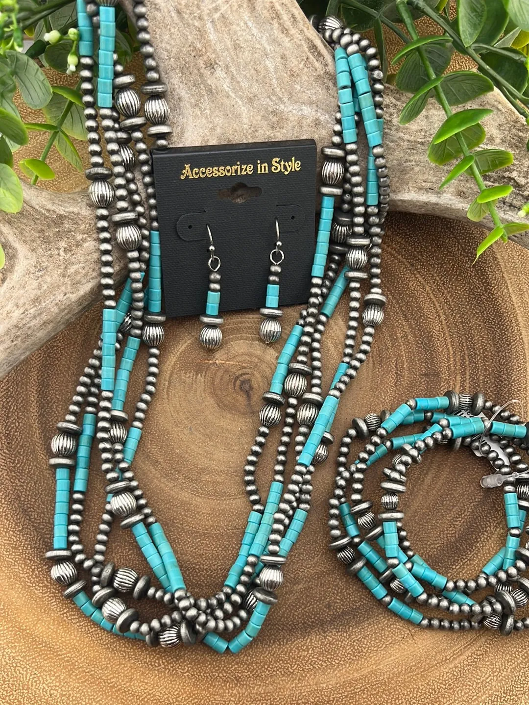 Cassiope 5 Strand Fashion Beaded Varied Navajo Necklace, Earrings & Bracelet - Turquoise