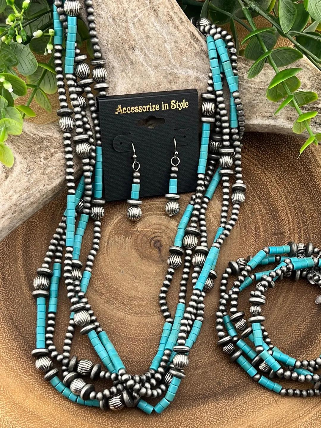 Cassiope 5 Strand Fashion Beaded Varied Navajo Necklace, Earrings & Bracelet - Turquoise