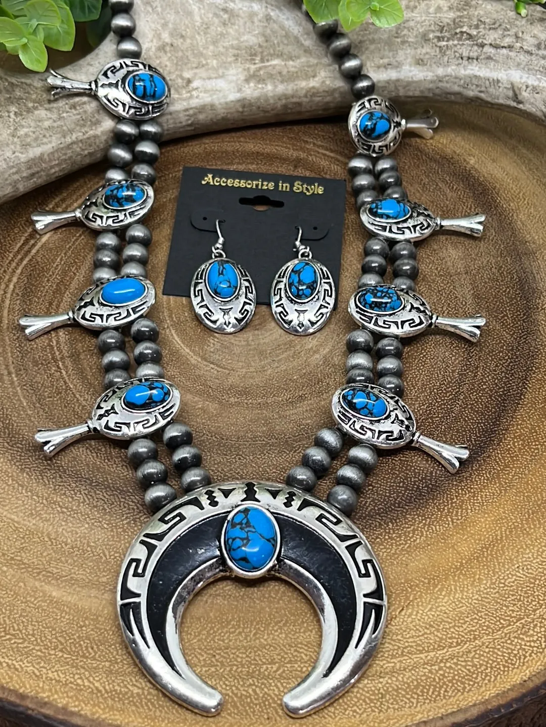 Cemani Fashion Navajo Blossom Necklace & Earrings With Shading - Turquoise