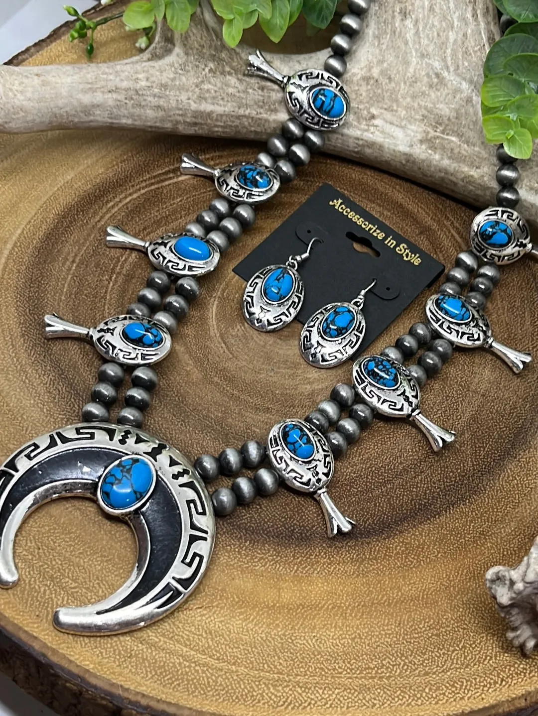 Cemani Fashion Navajo Blossom Necklace & Earrings With Shading - Turquoise