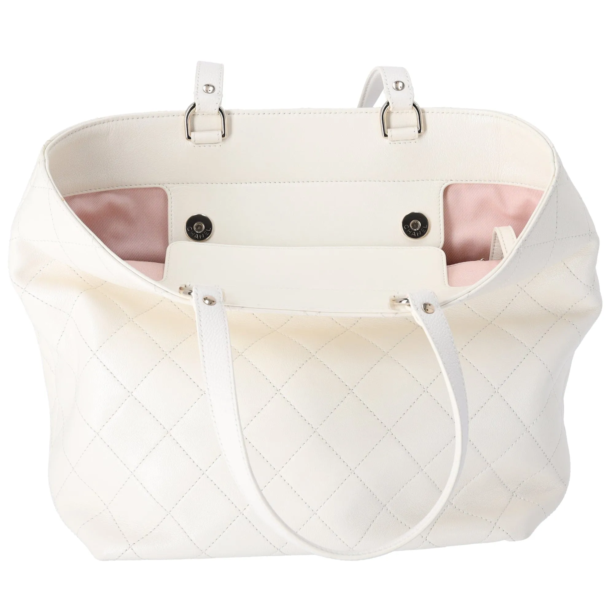 CHANEL CC Quilted Front Pocket Tote Bag Cream Leather