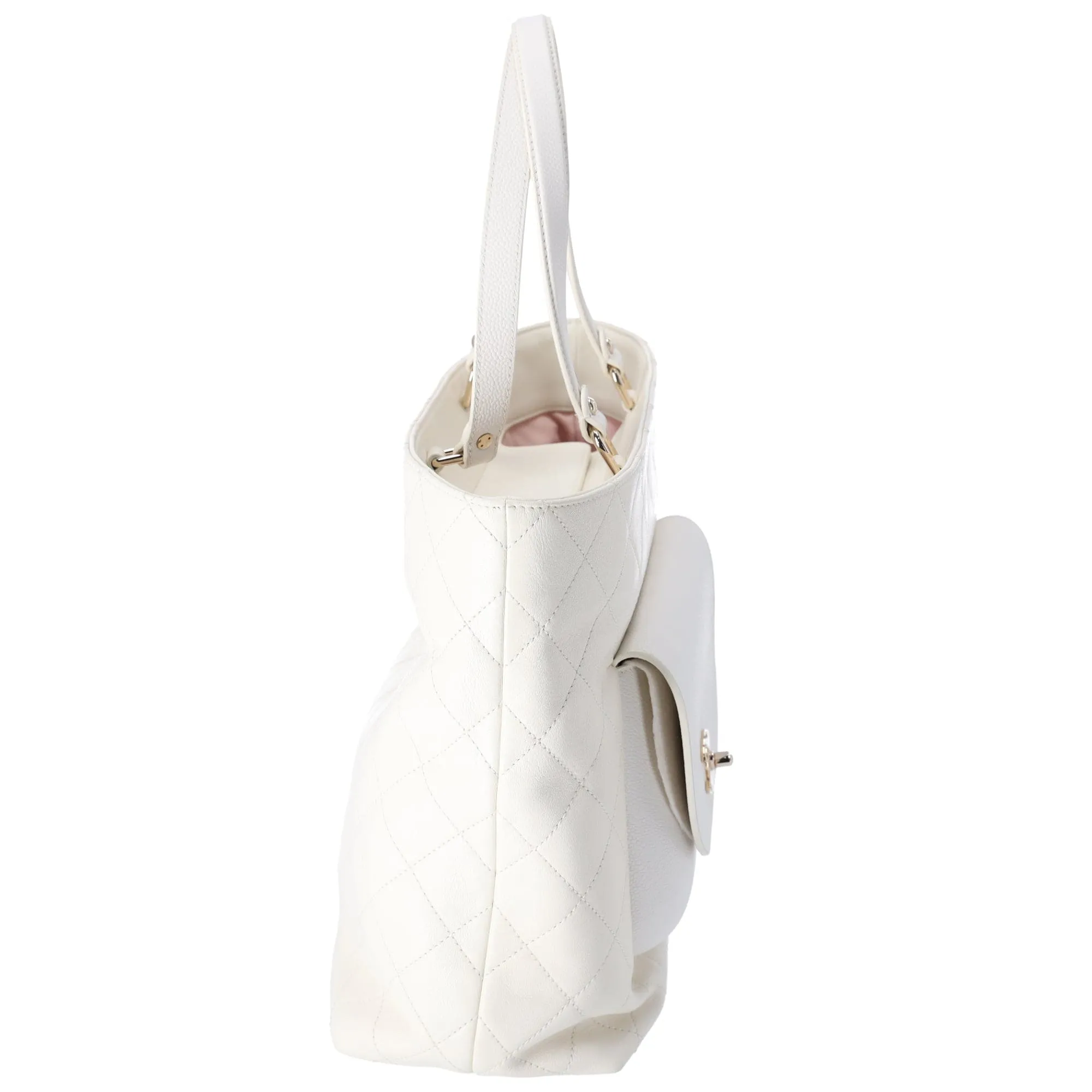 CHANEL CC Quilted Front Pocket Tote Bag Cream Leather
