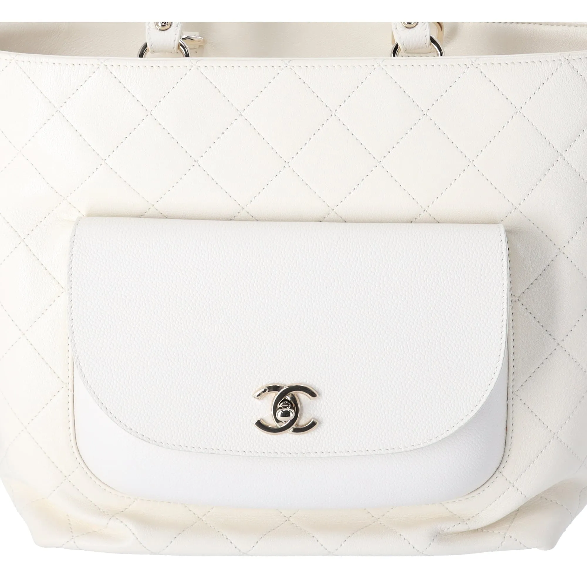 CHANEL CC Quilted Front Pocket Tote Bag Cream Leather