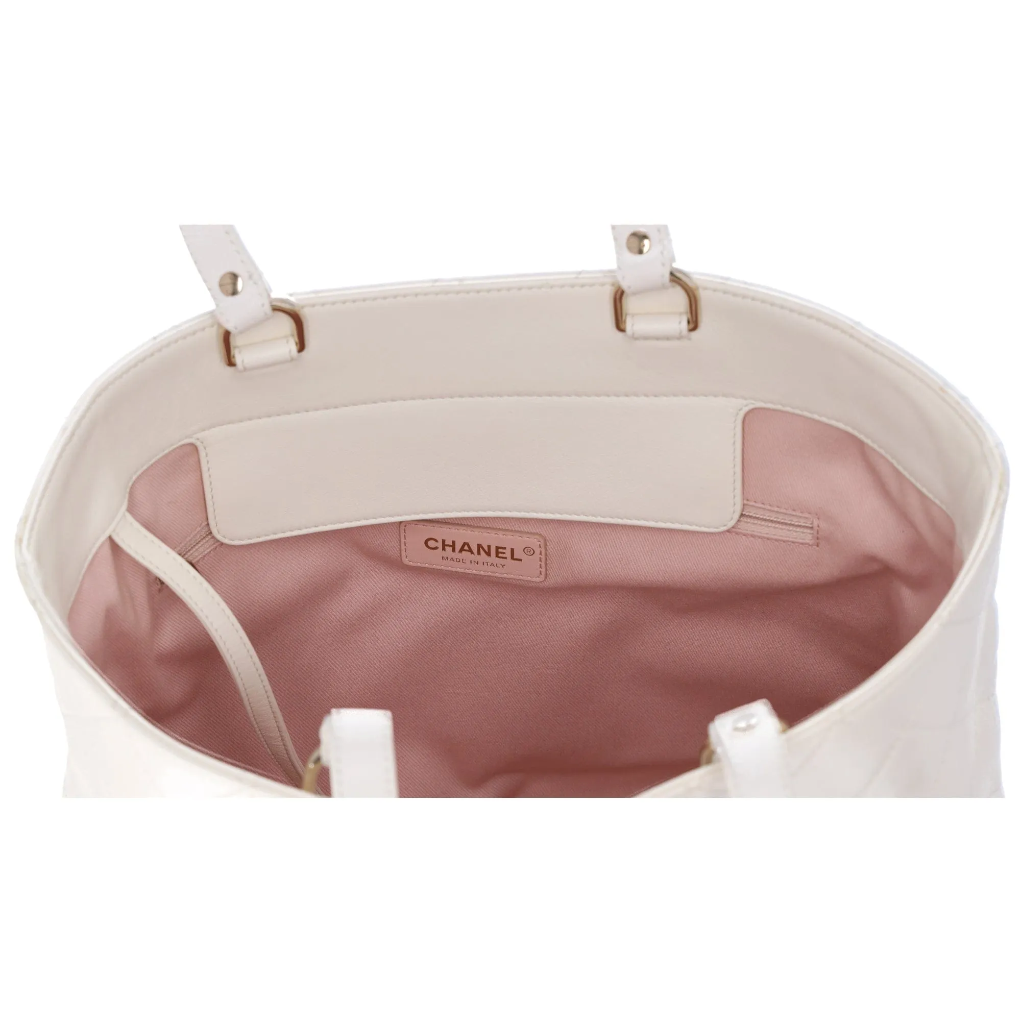 CHANEL CC Quilted Front Pocket Tote Bag Cream Leather