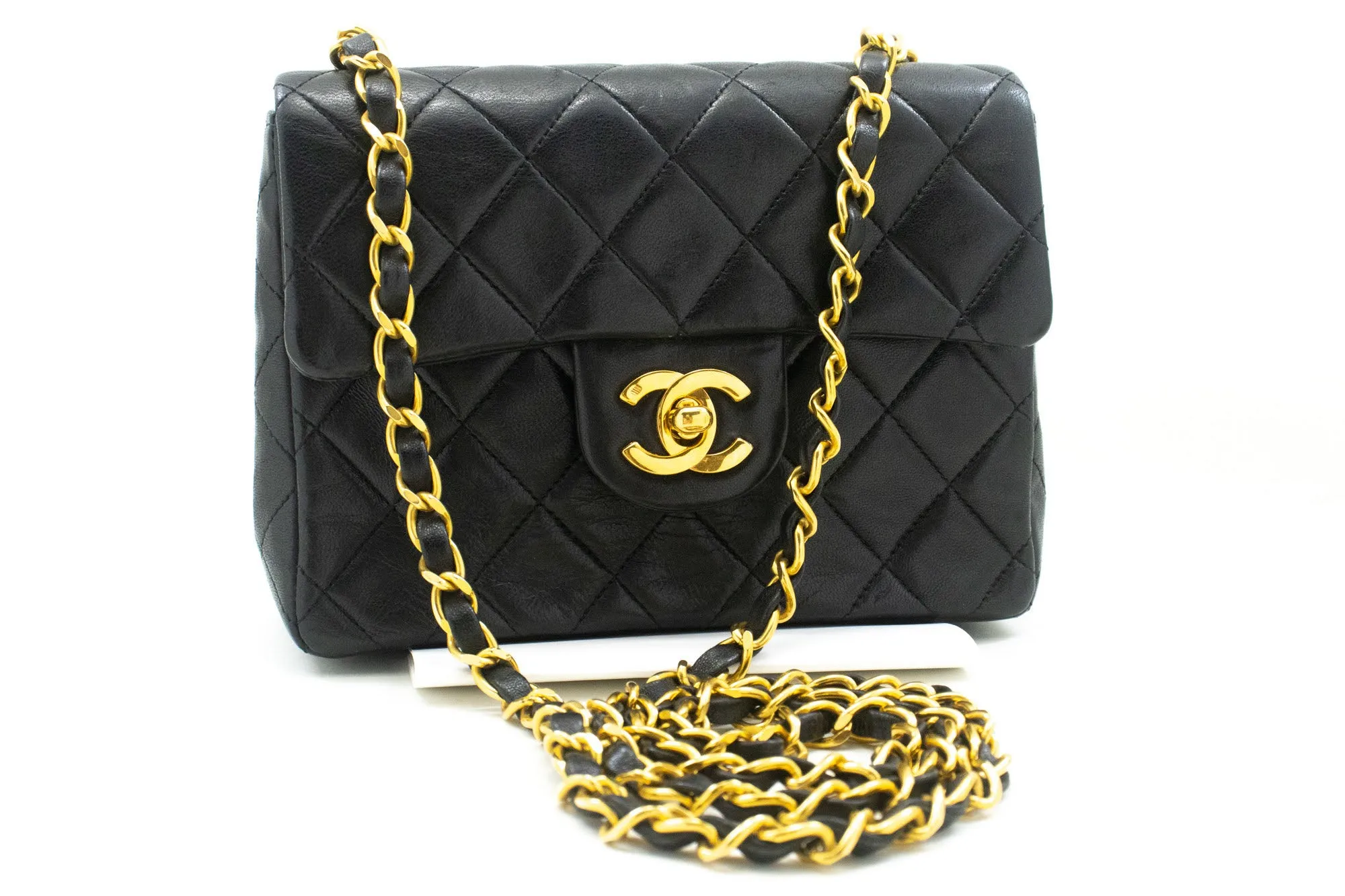 CHANEL Mini Square Small Chain Shoulder Bag Crossbody Black Lamb n81