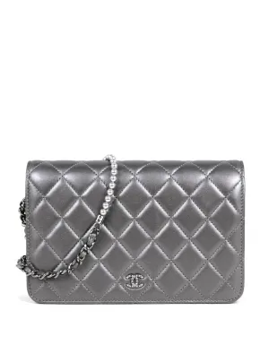 Chanel Silver Lambskin Pearl Wallet On Chain WOC Crossbody Bag