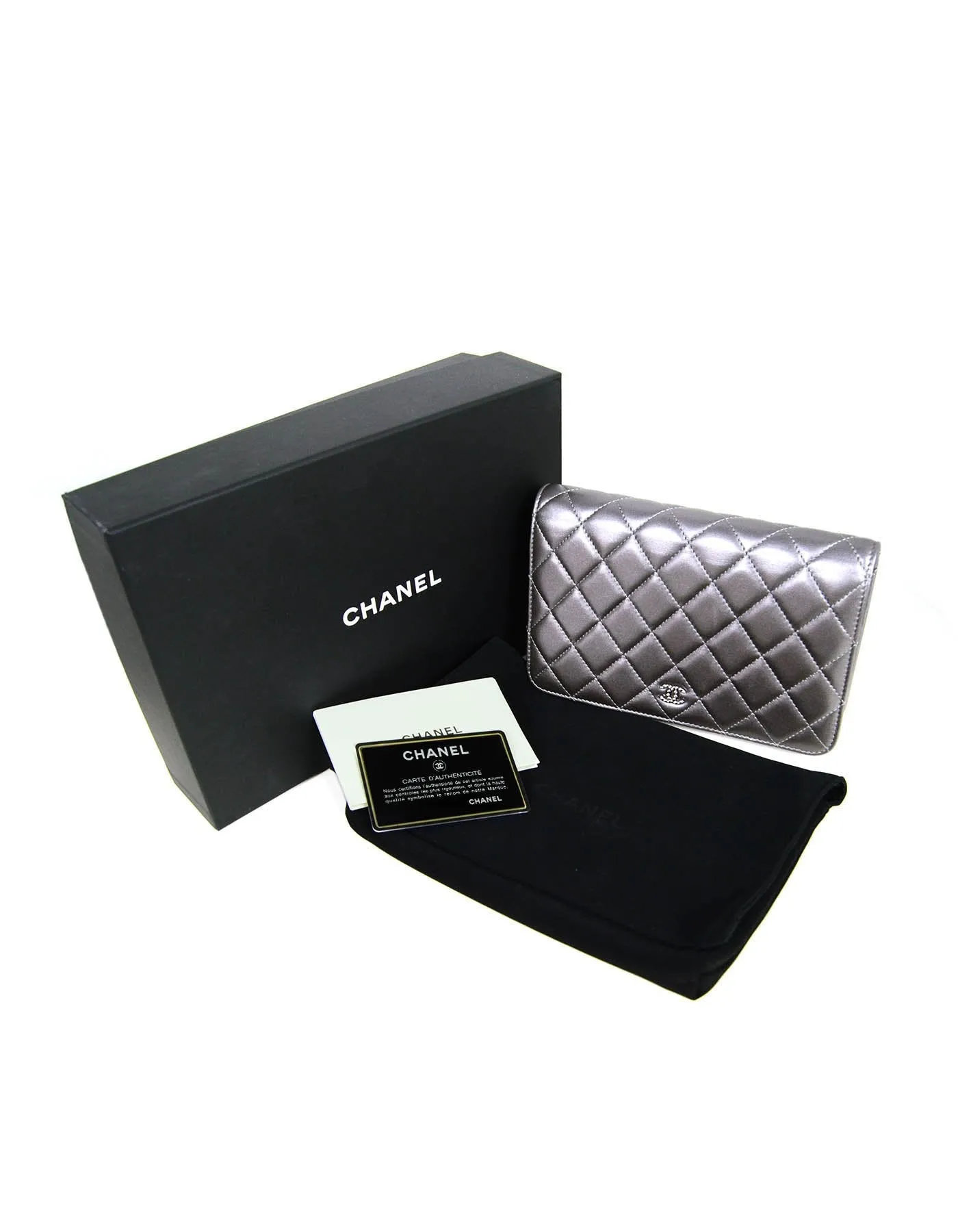 Chanel Silver Lambskin Pearl Wallet On Chain WOC Crossbody Bag