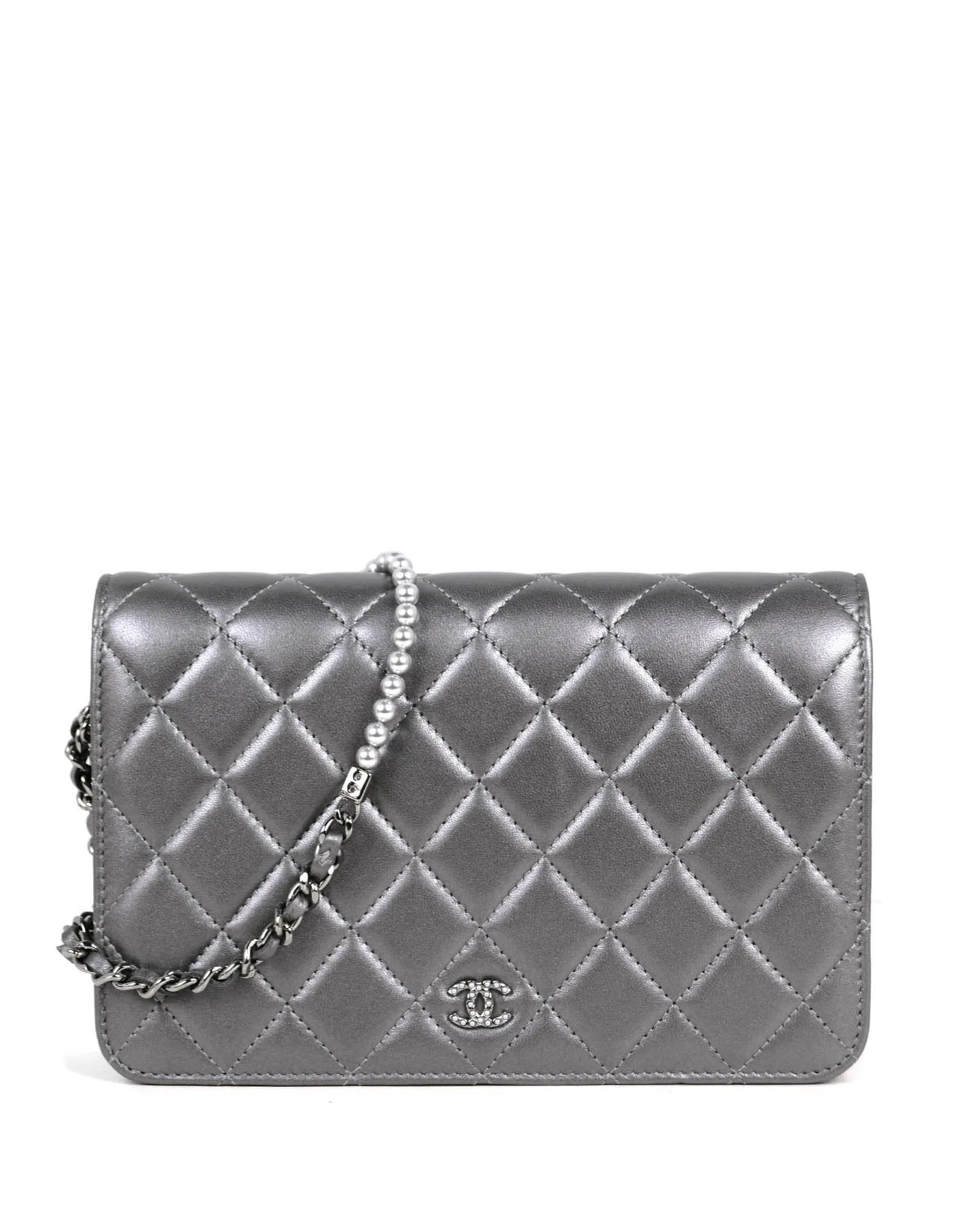 Chanel Silver Lambskin Pearl Wallet On Chain WOC Crossbody Bag