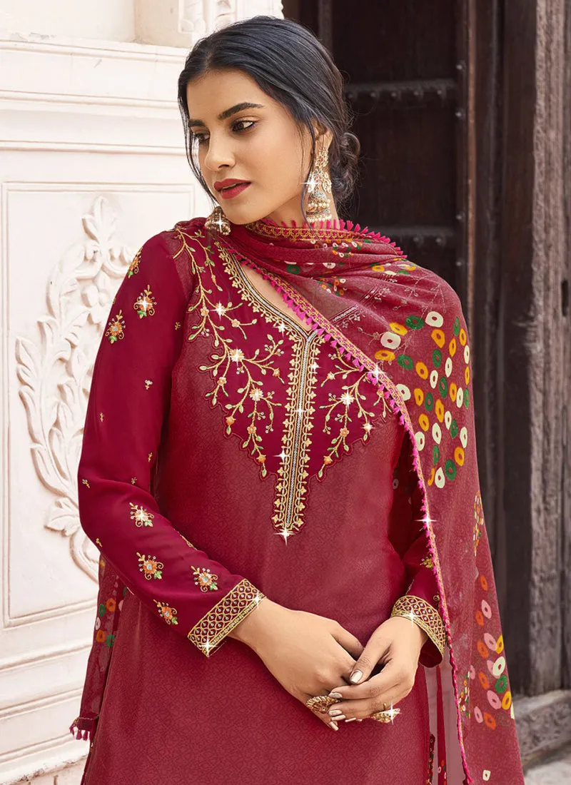 Cherry Red Multi Embroidered Traditional Punjabi Style Suit