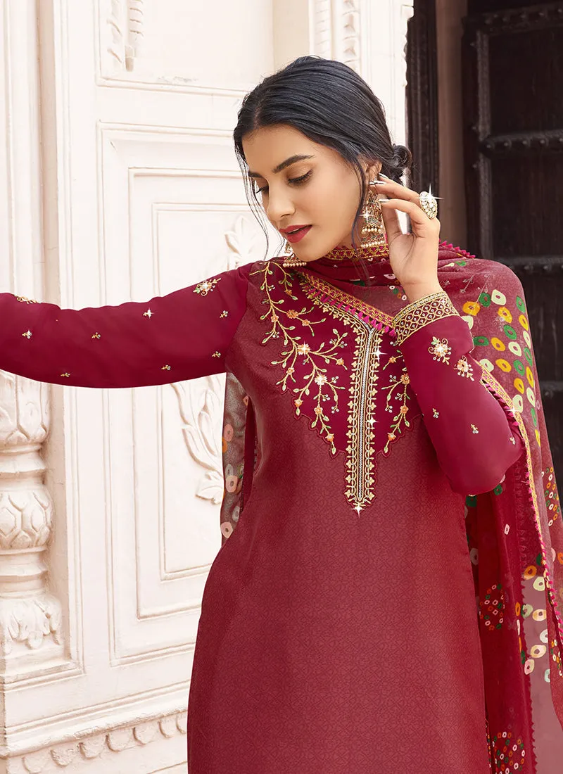 Cherry Red Multi Embroidered Traditional Punjabi Style Suit