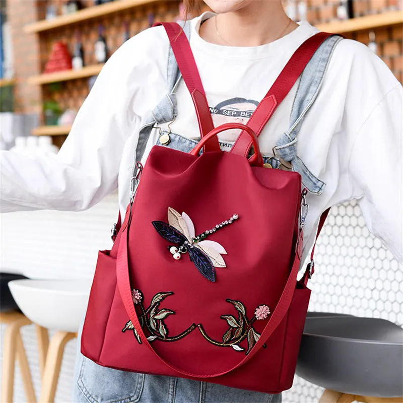 Chinese Style Dragonfly Embroidery Oxford Cloth Backpack for Women