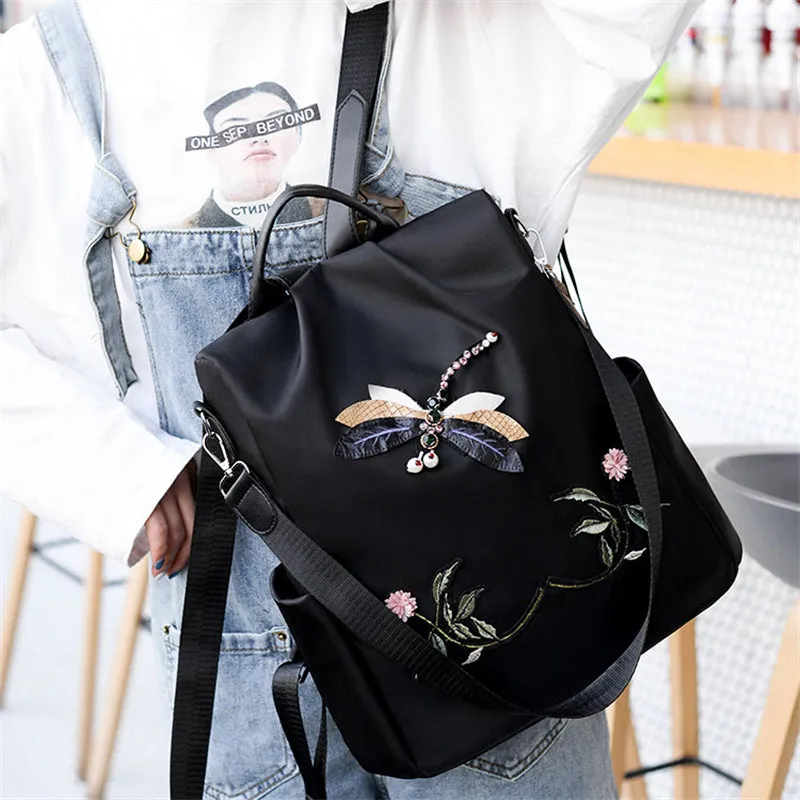 Chinese Style Dragonfly Embroidery Oxford Cloth Backpack for Women