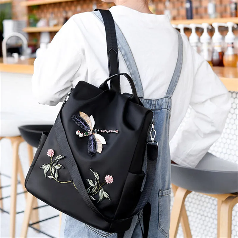 Chinese Style Dragonfly Embroidery Oxford Cloth Backpack for Women