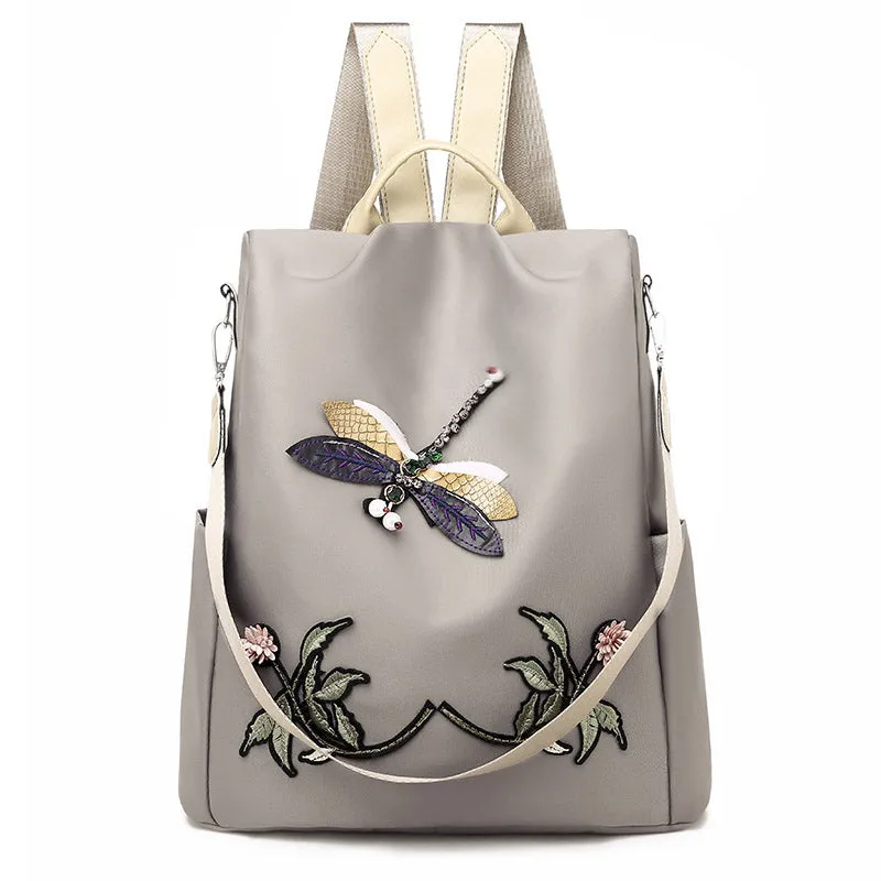 Chinese Style Dragonfly Embroidery Oxford Cloth Backpack for Women