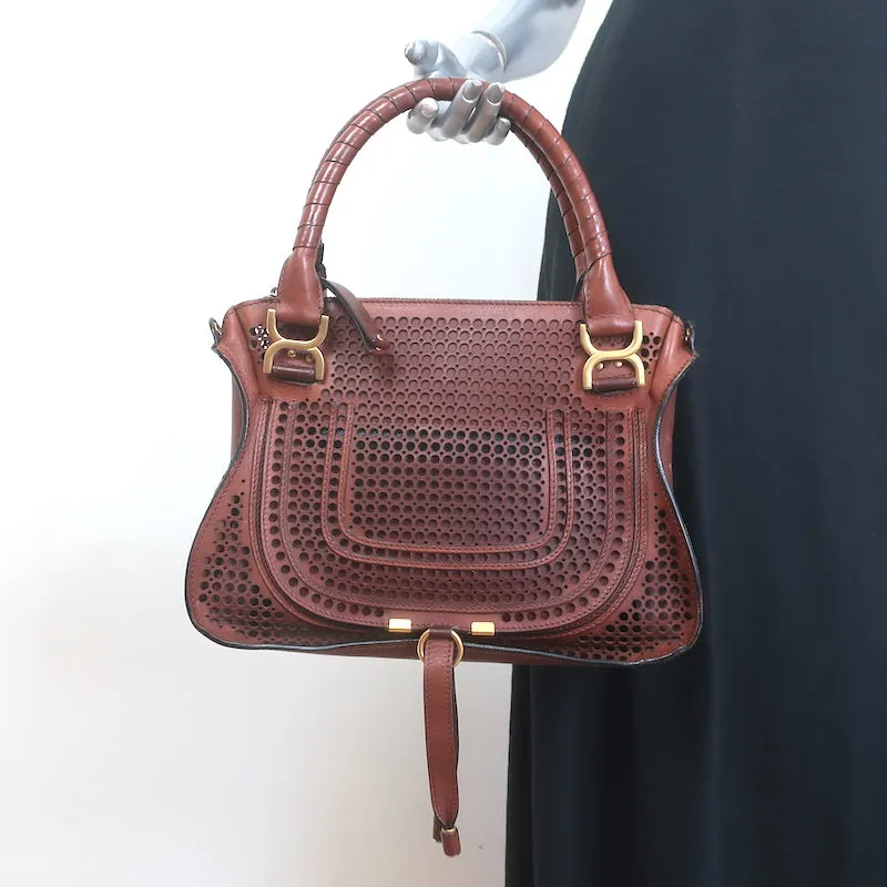 Chloe Marcie Medium Perforated Leather Shoulder Bag Brown Leather Crossbody
