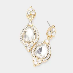 Clear Teardrop Center Dangle Earrings on Gold | Pageant Earrings | 512105