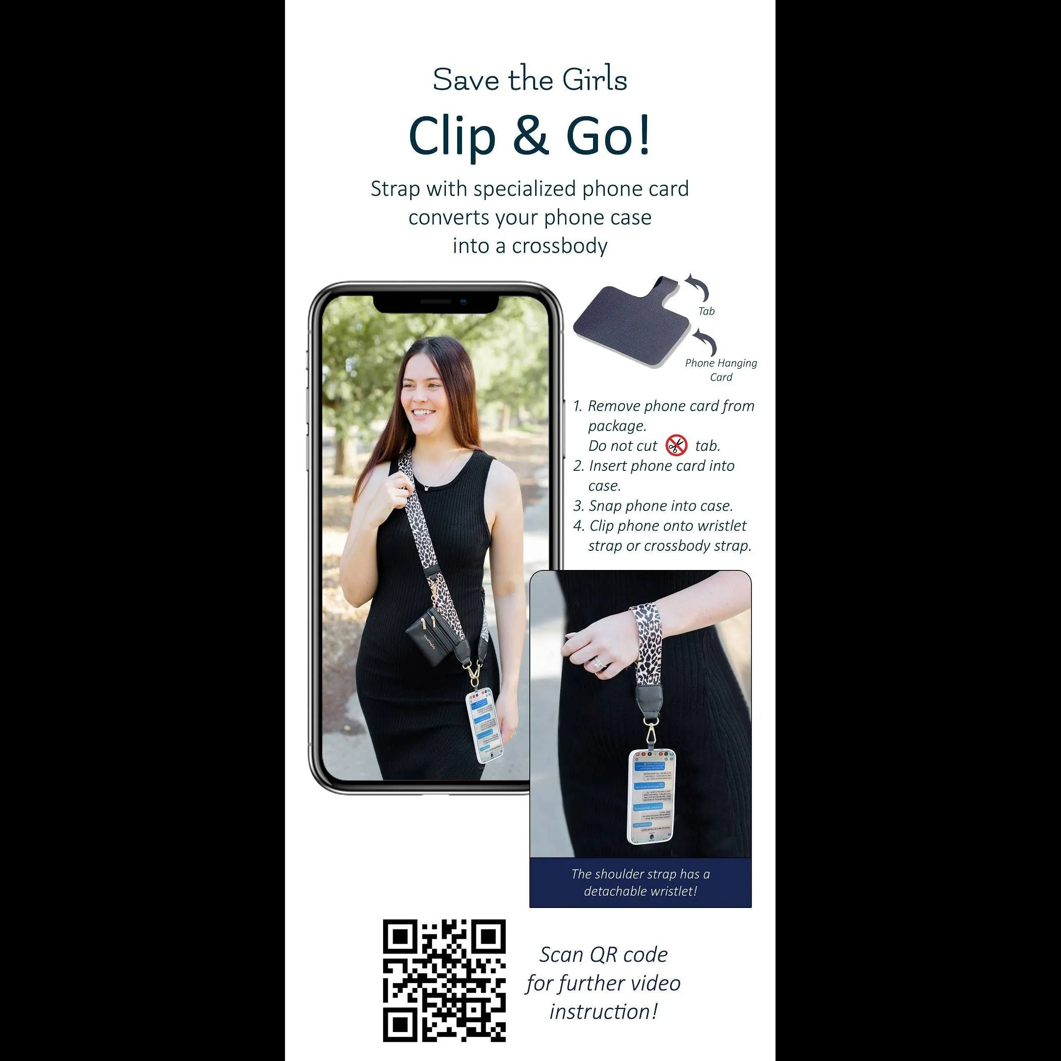 Clip & Go Crossbody Strap w/Zippered Pouch: Black/Cream Chevron