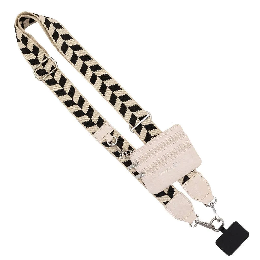 Clip & Go Crossbody Strap w/Zippered Pouch: Black/Cream Chevron