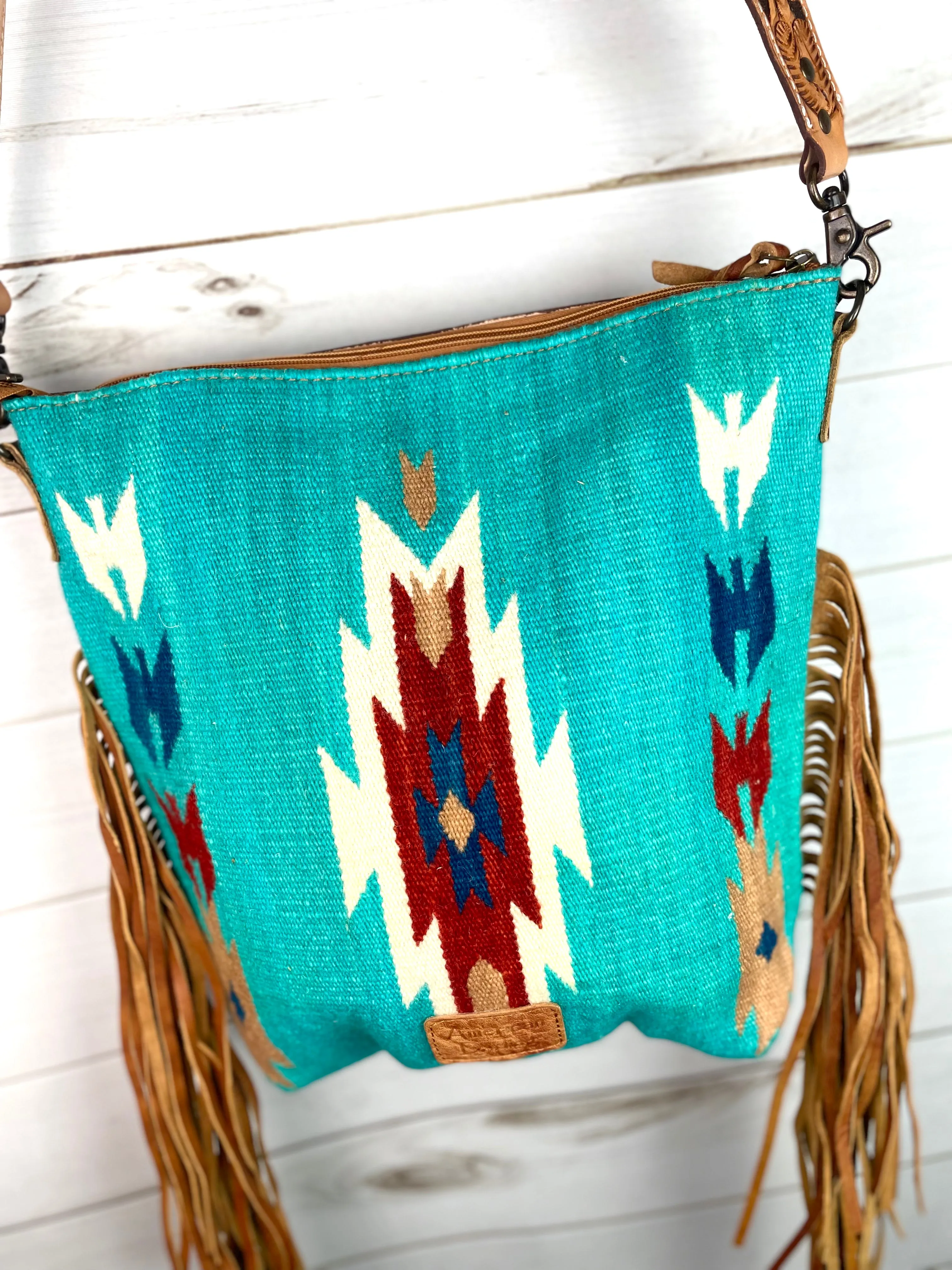 Coronado Turquoise and Rust Diamond Wool & Leather Handbag