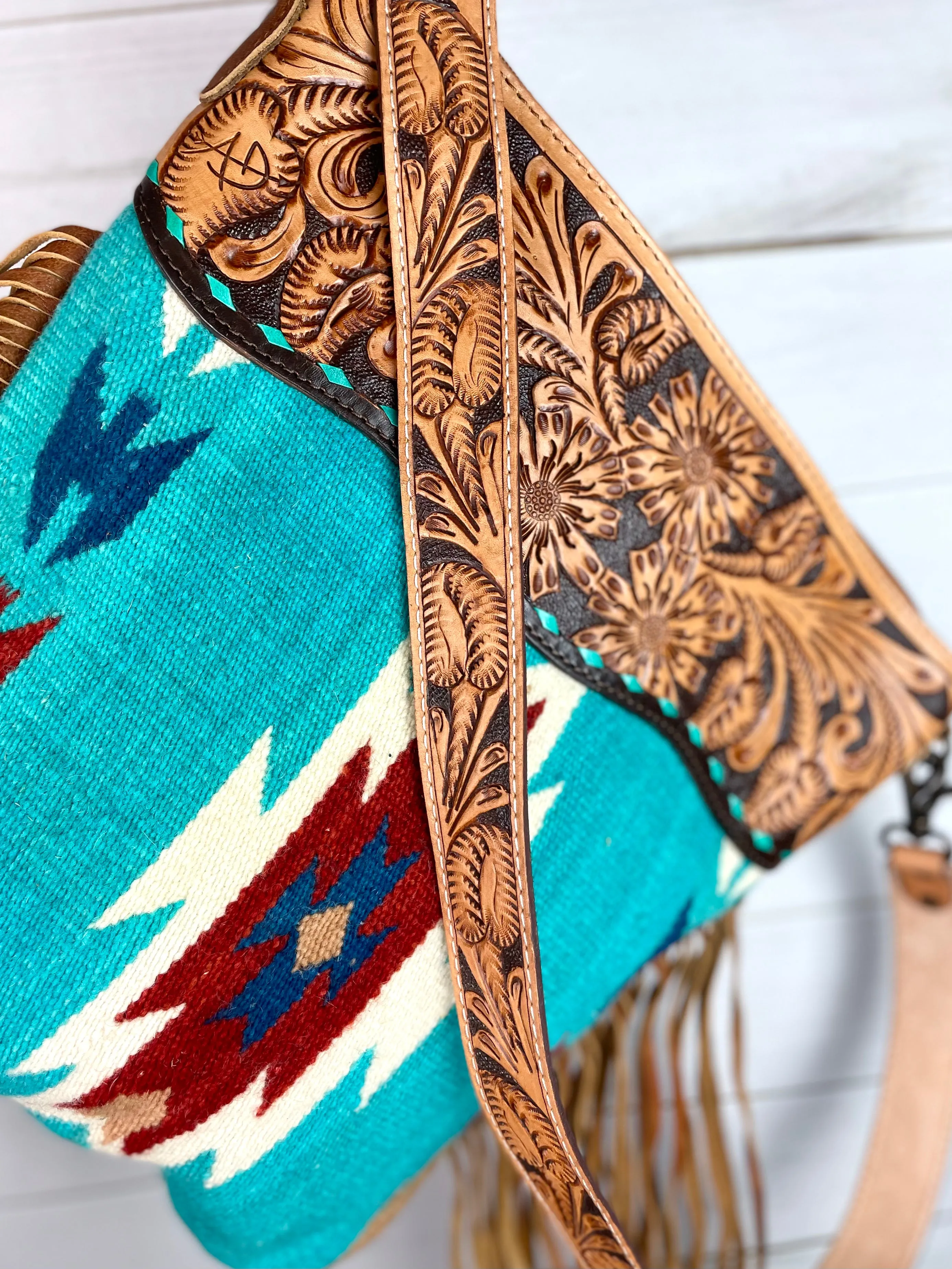 Coronado Turquoise and Rust Diamond Wool & Leather Handbag