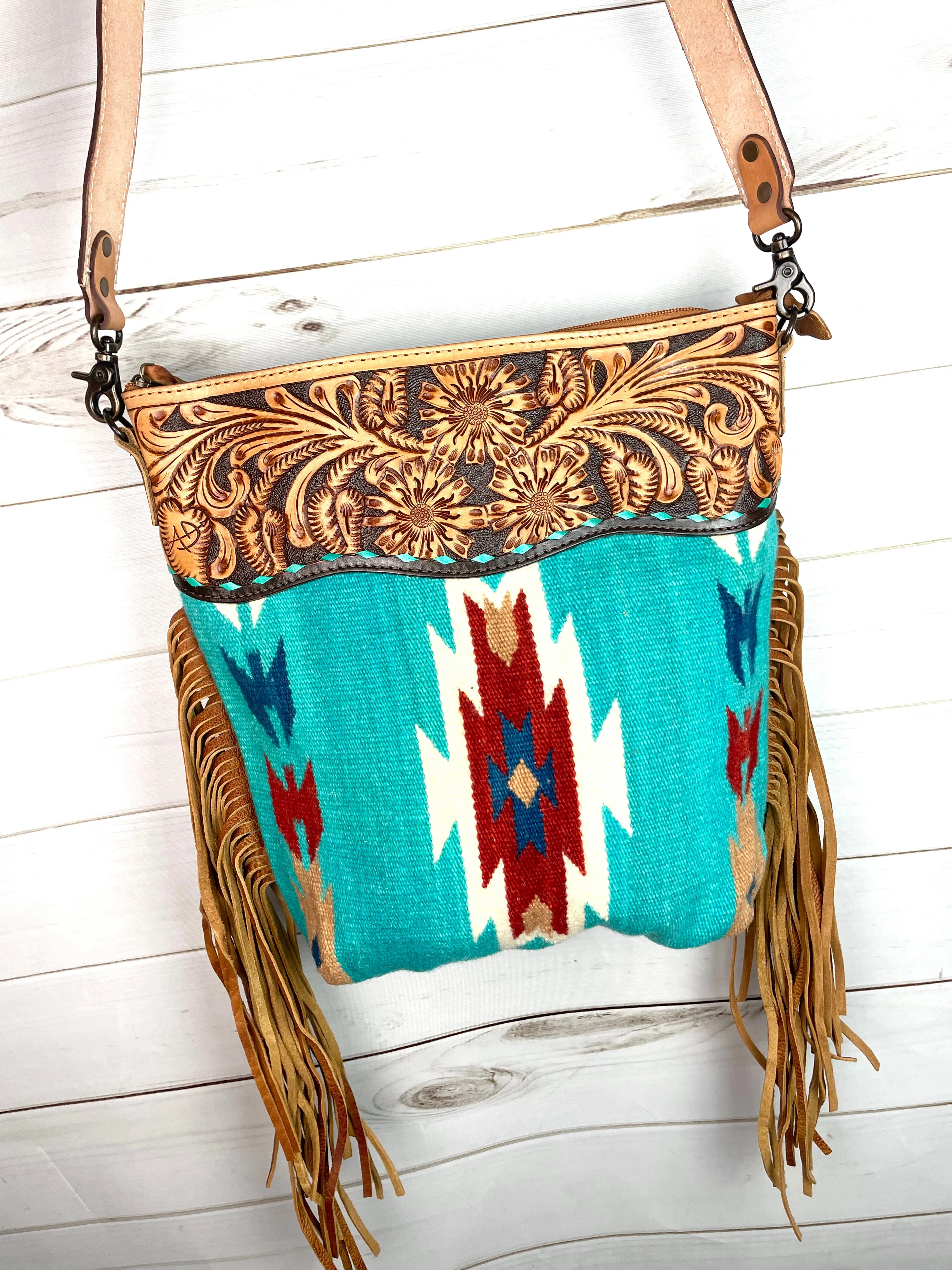 Coronado Turquoise and Rust Diamond Wool & Leather Handbag