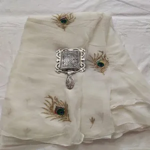 Cream Rajputi Chiffon Handwork Saree