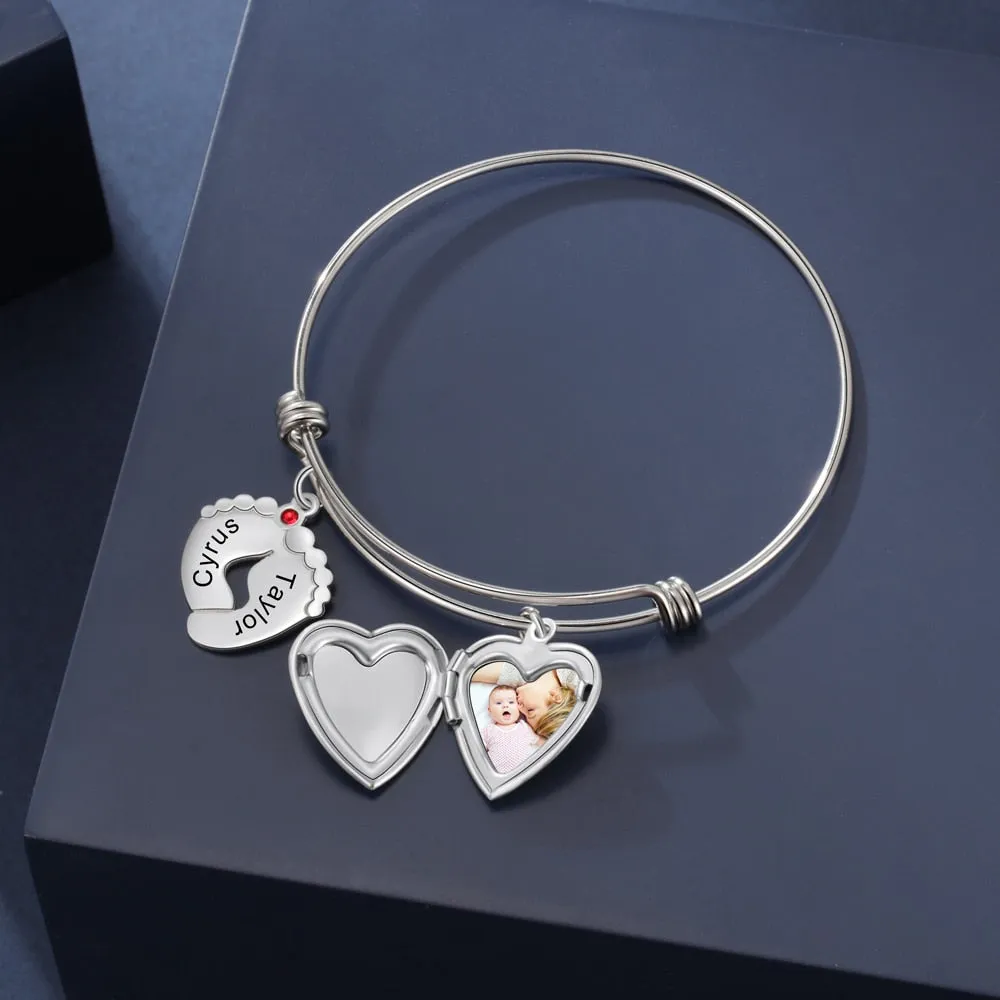 Customized Photo Heart Locket Bangles Personalized Birthstone Engraving Name Baby Feet Charm Bracelets Mothers Gifts