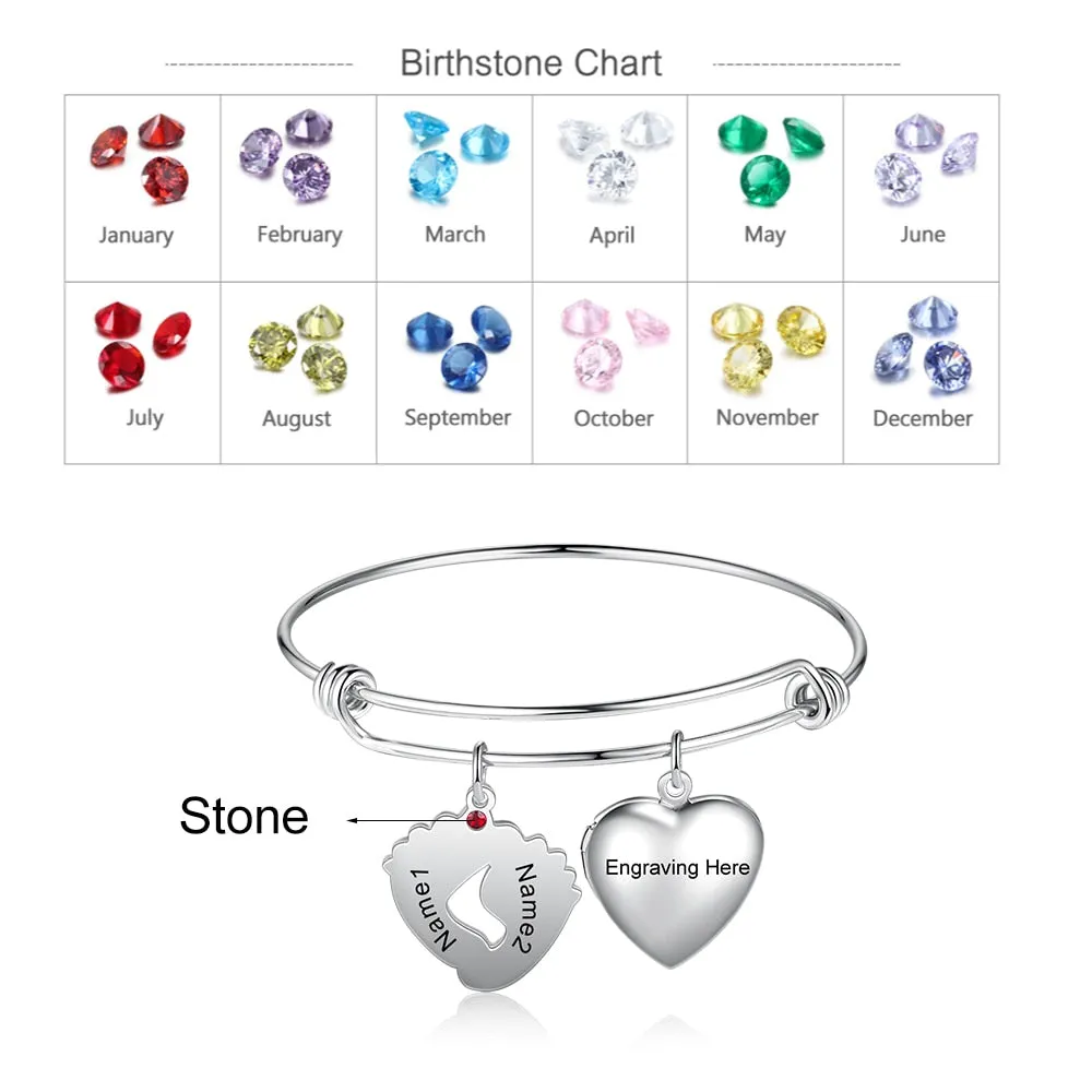Customized Photo Heart Locket Bangles Personalized Birthstone Engraving Name Baby Feet Charm Bracelets Mothers Gifts