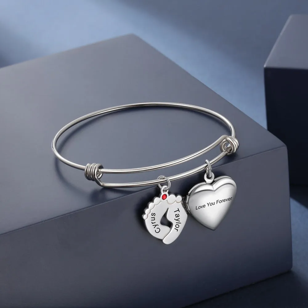 Customized Photo Heart Locket Bangles Personalized Birthstone Engraving Name Baby Feet Charm Bracelets Mothers Gifts