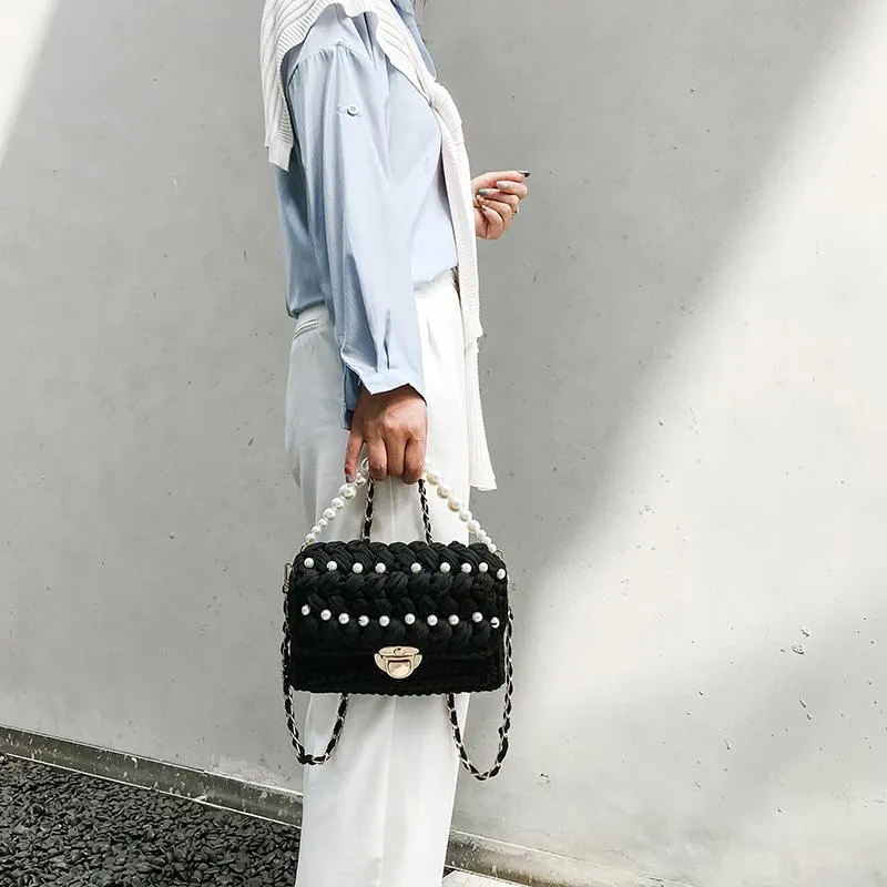 Cute Black(Square) Crochet Small Handbag Crossbody Purse Crochet Shoulder Bag for Girl Cute Crochet Purses