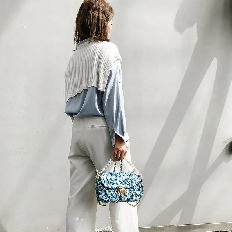 Cute Blue(Square) Crochet Small Handbag Crossbody Purse Crochet Shoulder Bag for Girl Cute Crochet Purses