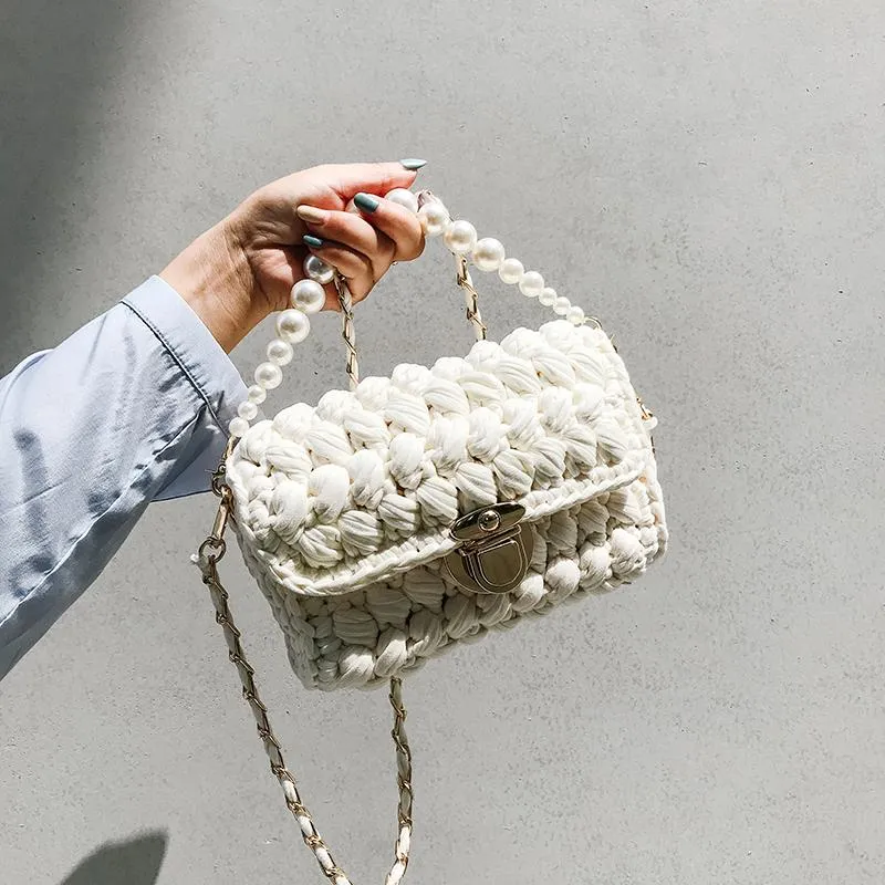 Cute Pink&Yellow&White Crochet Small Handbag Crossbody Purse Crochet Shoulder Bag for Girl Cute Crochet Purses