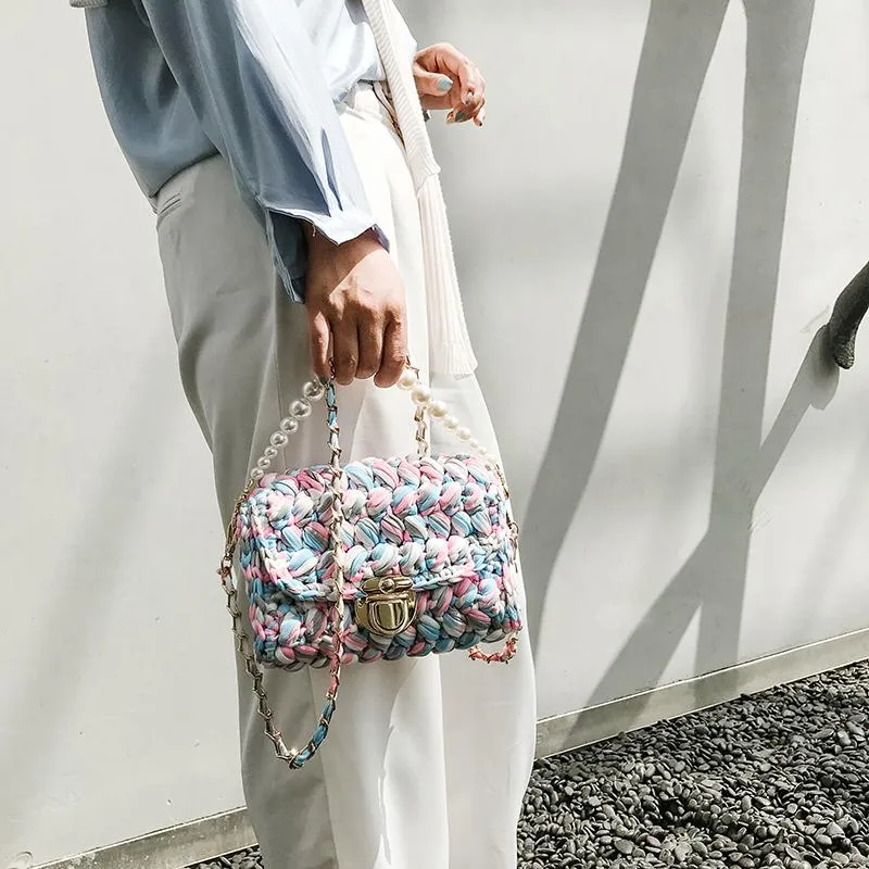 Cute Pink&Yellow&White Crochet Small Handbag Crossbody Purse Crochet Shoulder Bag for Girl Cute Crochet Purses