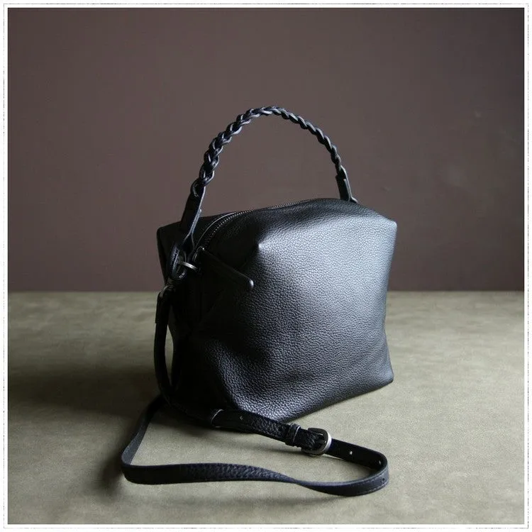 Cute Womens Dark Blue Leather Handbag Purse Cube Leather Shoulder Bag Crossbody Purse for Ladies