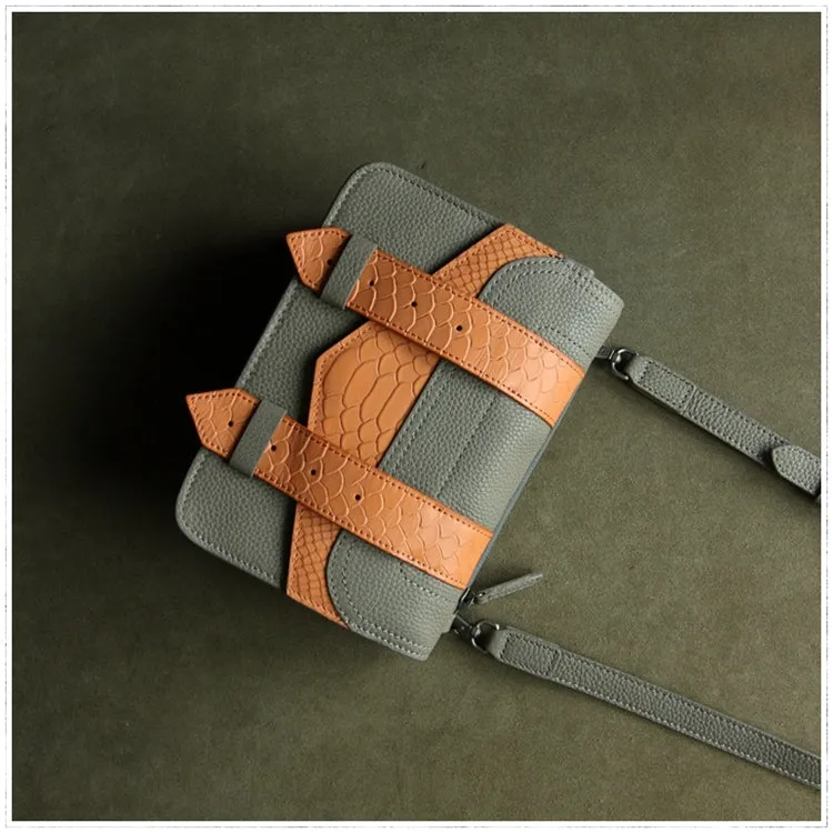 Cute Womens Gray&Orange Leather Shoulder Purse Small Leather Shoulder Bag Crossbody Purse for Ladies