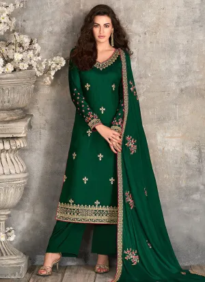 Dark Green Floral Embroidered Palazzo Style Pant Suit