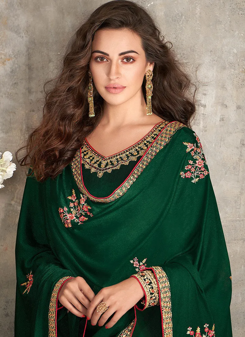 Dark Green Floral Embroidered Palazzo Style Pant Suit