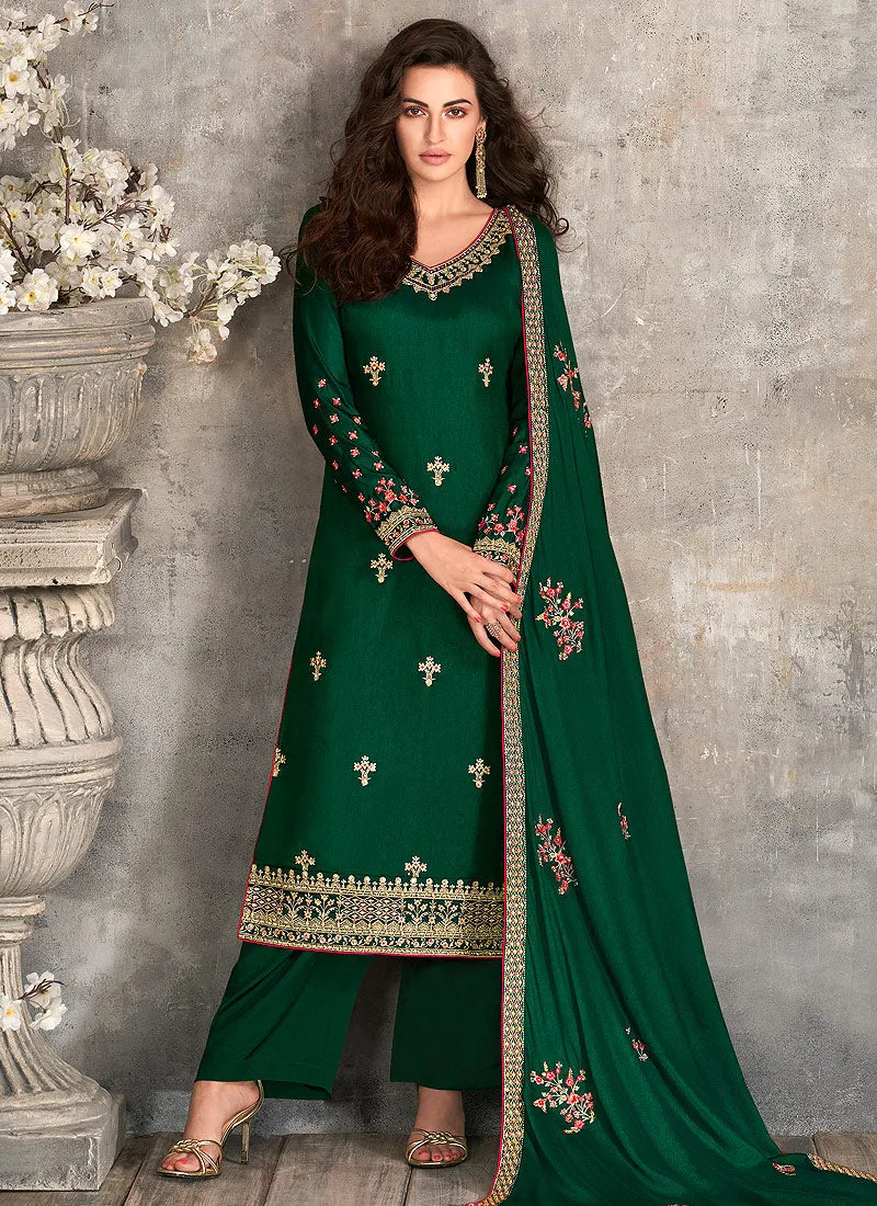 Dark Green Floral Embroidered Palazzo Style Pant Suit